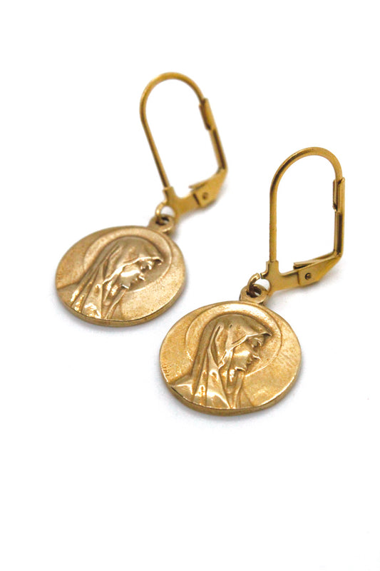 Bronze French Religious Charm Earrings -French Medal Collection- E6-007