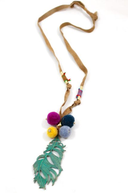 Metal Feather Artsy Leather Long Necklace -The Classics Collection- N2-798