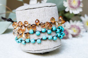 Hand Knotted Convertible Crochet Bracelet, Necklace, or Headband, Turquoise and Crystals - WR-030