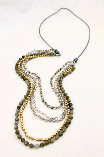 Semi Precious Stone Mix Hand Knotted Long Necklace on Genuine Leather -Layers Collection- NLL-Coin