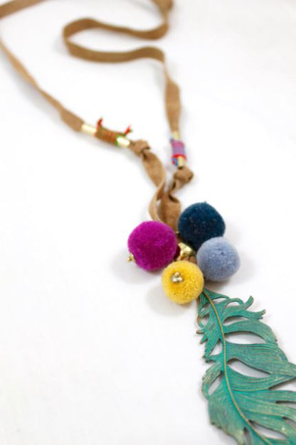 Metal Feather Artsy Leather Long Necklace -The Classics Collection- N2-798