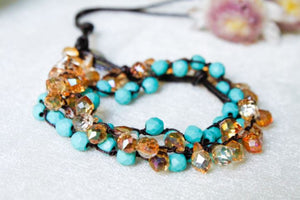 Hand Knotted Convertible Crochet Bracelet, Necklace, or Headband, Turquoise and Crystals - WR-030