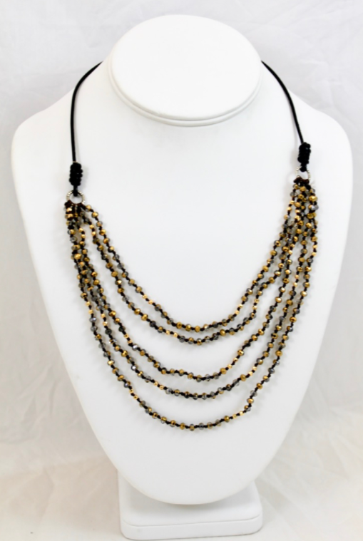 Gold Crystals Mix Hand Knotted Short Necklace on Genuine Leather -Layers Collection- NLS-Gold