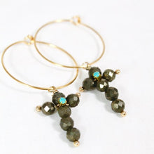 Load image into Gallery viewer, Faceted Pyrite Stone Beaded Cross Earrings - E051
