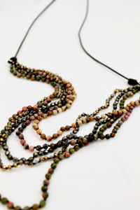 Semi Precious Stone and Crystal Mix Hand Knotted Long Necklace on Genuine Leather -Layers Collection- NLL-Syrup