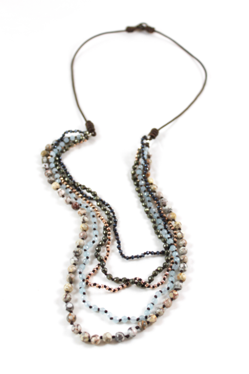 Semi Precious Stone Mix Hand Knotted Long Necklace on Genuine Leather -Layers Collection- NLL-Comet