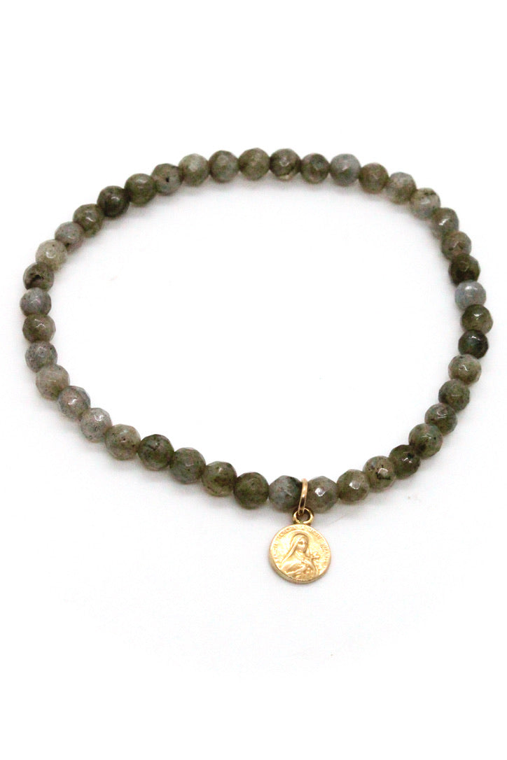 Mini Labradorite Bracelet with Small French Gold Medal Charm -French Medals Collection- B6-022