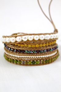 Frances - Freshwater Pearl and Stone Mix Leather Wrap Bracelet