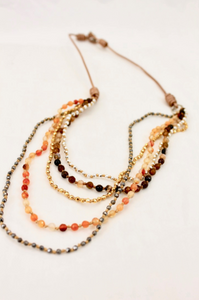 Semi Precious Stone and Metal Hand Knotted Short Necklace on Genuine Leather -Layers Collection- NLS-Autumn