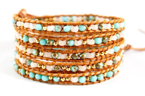 Sunrise - Turquoise Crystal Mix Leather Wrap Bracelet