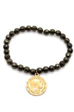 Load image into Gallery viewer, Pyrite Stone Bracelet With Gold French Religious Charm  -French Medals Collection- B6-006
