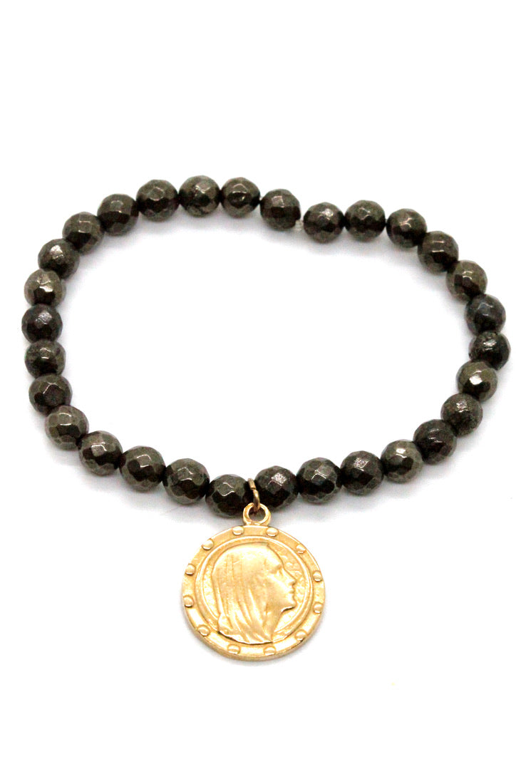 Pyrite Stone Bracelet With Gold French Religious Charm  -French Medals Collection- B6-006