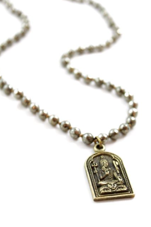 Long Faceted Pyrite Necklace with Brass Shiva Pendant -The Buddha Collection- NL-PY-G