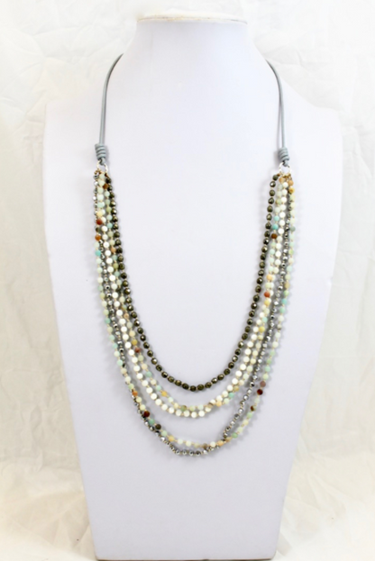 Mother of Pearl Mix Hand Knotted Long Necklace on Genuine Leather -Layers Collection- NLL-Crisp