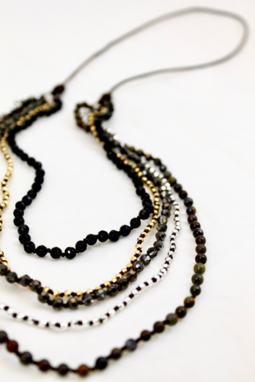 Dark Semi Precious Stone Hand Knotted Long Necklace on Genuine Leather -Layers Collection- NLL-Viper