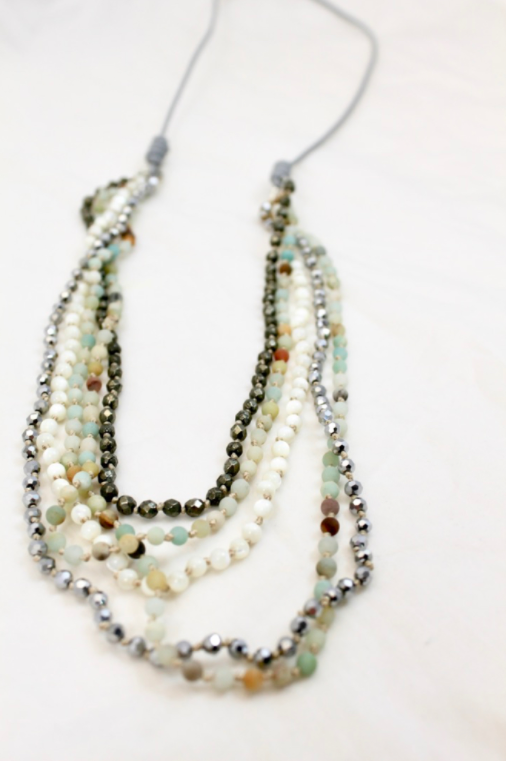Mother of Pearl Mix Hand Knotted Long Necklace on Genuine Leather -Layers Collection- NLL-Crisp