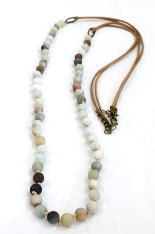 Plain Amazonite and Leather Long Necklace - NL-AZL