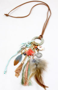 Long Feather and Leather Charm Necklace -The Classics Collection- N2-744
