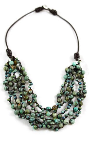African Turquoise and Matte Crystals Hand Knotted Short Necklace on Genuine Leather -Layers Collection- N4-020