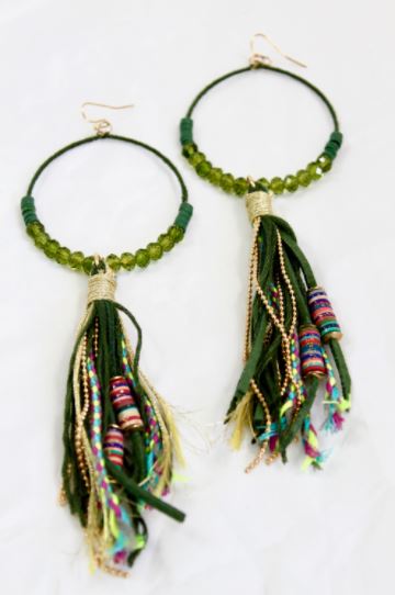 Crystal Beaded Hoop Earrings with Tassel - E001T-Green