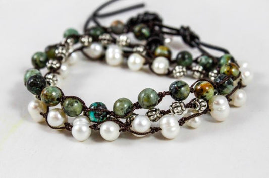 Hand Knotted Convertible Crochet Bracelet, Necklace, or Headband, Semi Precious Stone Mix - WR-045