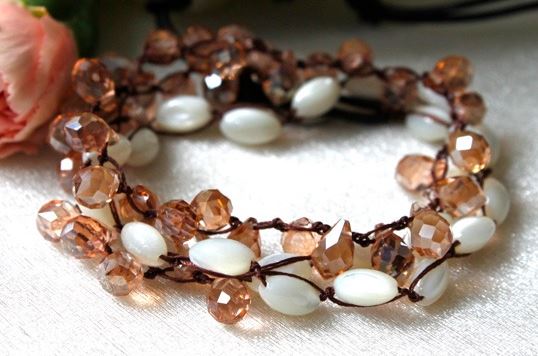 Hand Knotted Convertible Crochet Bracelet, Necklace, or Headband, Mother of Pearls and Crystals - WR-006