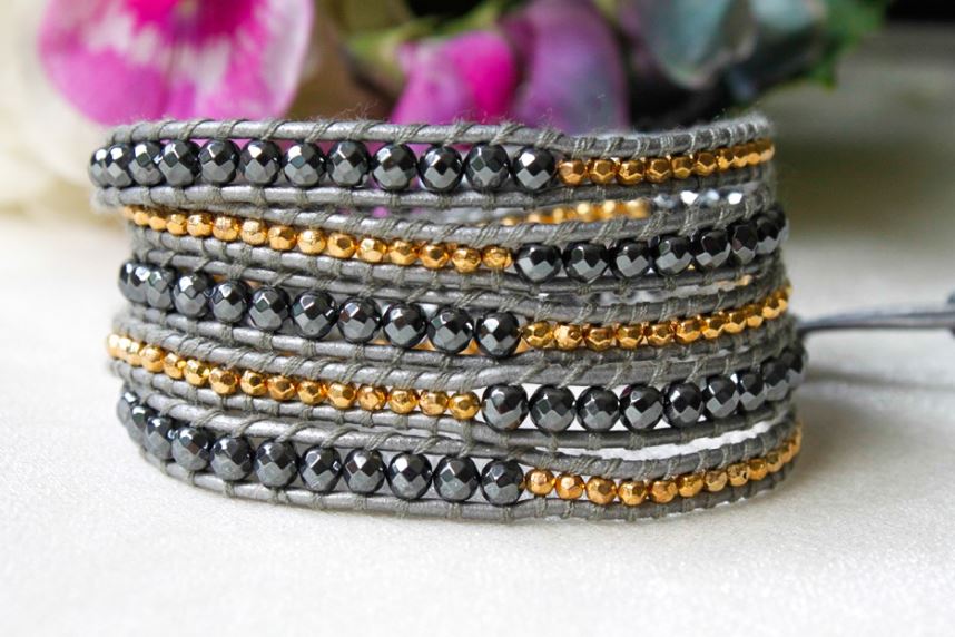 Xmas - Gold and Grey Mix Leather Wrap Bracelet