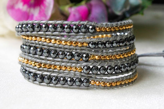 Xmas - Gold and Grey Mix Leather Wrap Bracelet