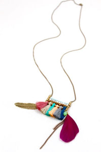 Gold and Pink Feather with Colorful Tassels Long Chain Necklace Fringe Style -The Classics Collection- N2-730