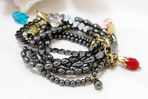 Hematite Stretch Stack Bracelet with Charms -The Classics Collection- B1-739