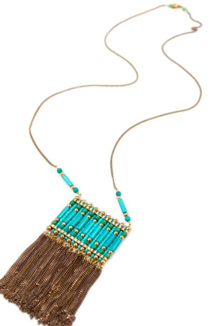 Hand Woven Turquoise Stone Necklace with Metal Fringe -The Classics Collection- N2-725