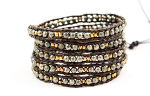 Cave - Luxury and Edgy Pyrite and Gold Leather Wrap Bracelet