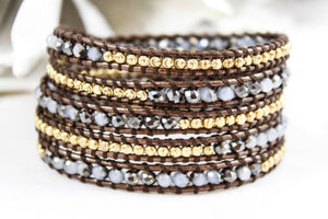 Almond - Glass Crystals and 24K plated Nugget Wrap Bracelet