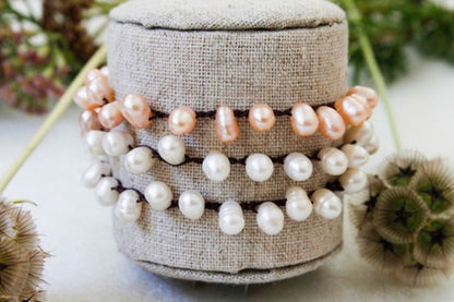 Hand Knotted Convertible Crochet Bracelet, Necklace, or Headband, Freshwater Pearls Mix - WR-027