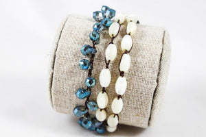 Hand Knotted Convertible Crochet Bracelet, Necklace, or Headband, Mother of Pearl and Crystals - WR-057