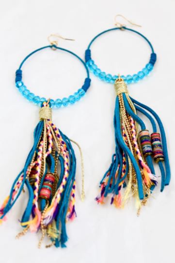 Crystal Beaded Hoop Earrings with Tassel - E001T-Turquoise