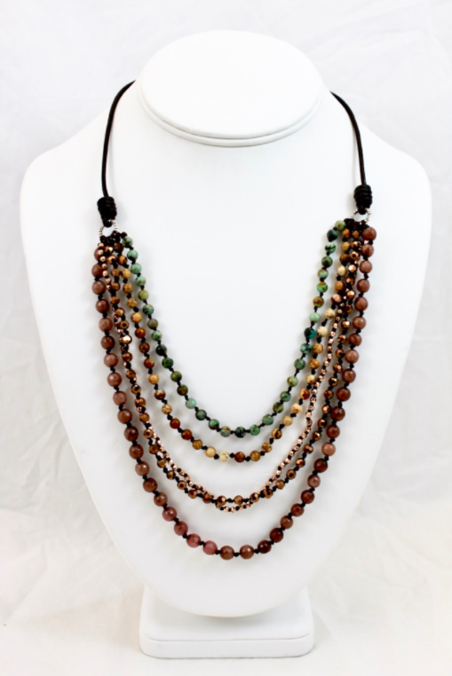 African Turquoise, Japer and Quartz Mix Hand Knotted Short Necklace on Genuine Leather -Layers Collection- NLS-Dirt