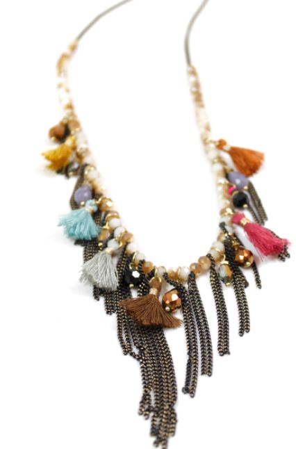 Long Crystal Necklace with Rainbow Tassels and Metal Fringe -The Classics Collection- N2-752
