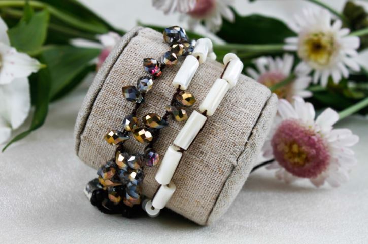 Hand Knotted Convertible Crochet Bracelet, Necklace, or Headband, Crystals and Mother of Pearl - WR-011