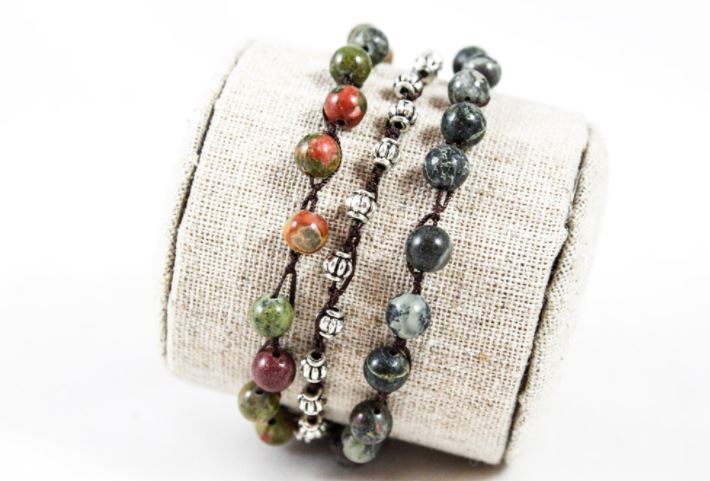 Hand Knotted Convertible Crochet Bracelet, Necklace, or Headband, Semi Precious Stone Mix - WR-061