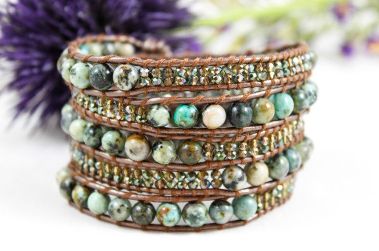 Drizzle - African Turquoise and Crystal Mix Wrap Bracelet