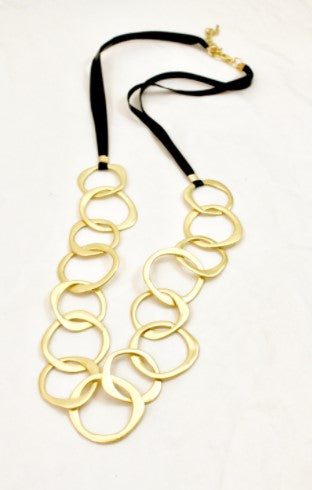 Gold Chain Link and Leather Long Necklace -The Classics Collection- N2-946