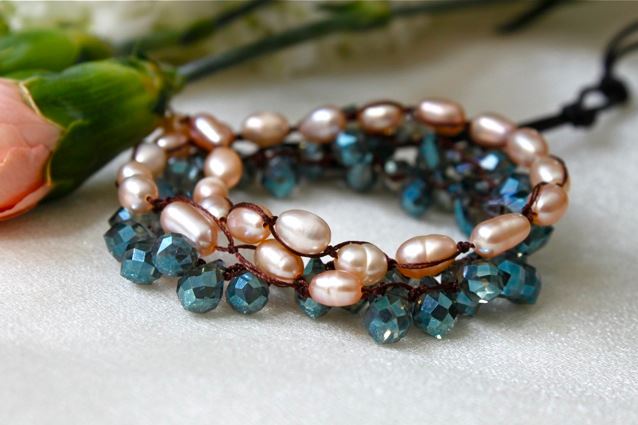Hand Knotted Convertible Crochet Bracelet, Necklace, or Headband, Freshwater Pearls and Crystals - WR-001