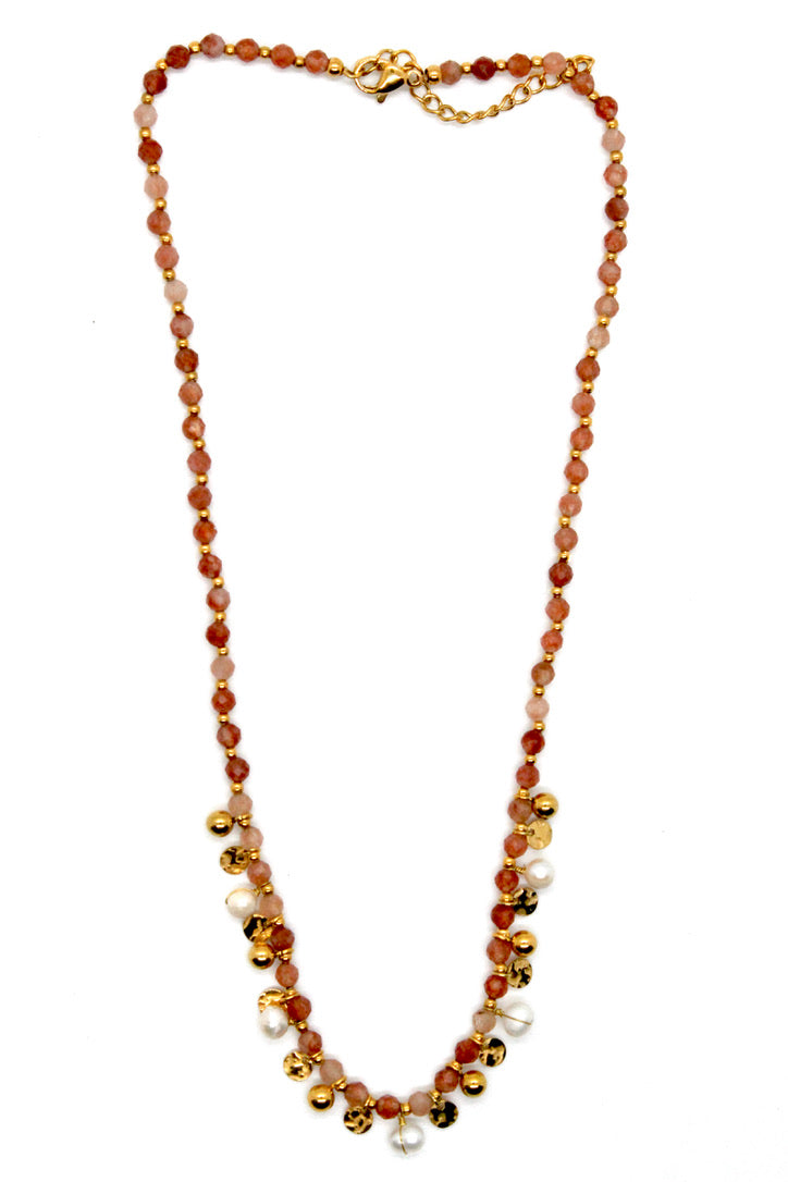 Semi Precious Stone Short Necklace With Gold and Pearl Charms -French Flair Collection- N2-2246