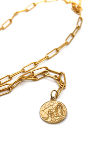 Short Gold Antique Style Chain Necklace with reversible Gold French Religious Charm -French Medals Collection- N6-014
