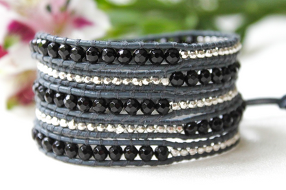 Night - Sterling Plate and Oxeye Mix Wrap Bracelet