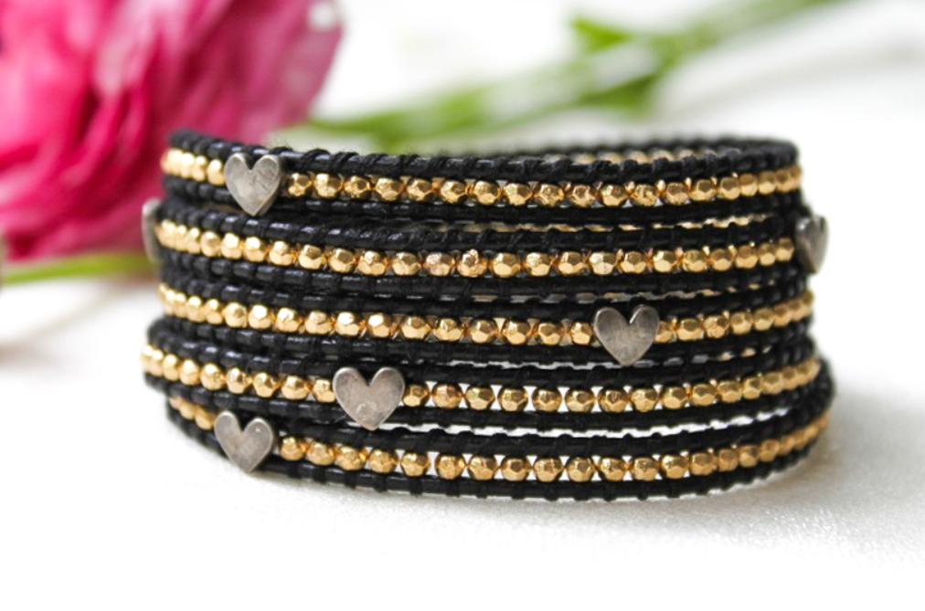 Heart - 24K Gold Plate with Silver Hearts Leather Wrap Bracelet