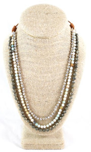 Crystals, Amazonite and Pyrite Hand Knotted Long Necklace on Genuine Leather -Layers Collection- N5-002