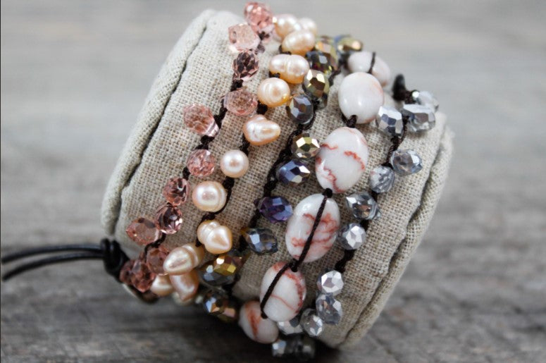 Hand Knotted Convertible Crochet Bracelet or Necklace, Crystals and Stones Mix - WR-103