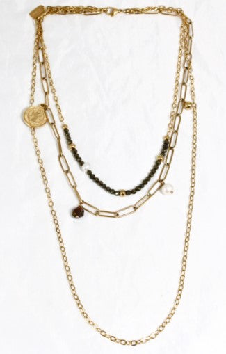 Three Row 24K Gold Plate and Stone Necklace -French Flair Collection- N2-986